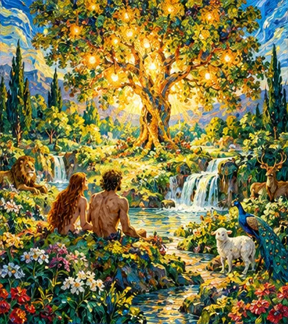 The Garden of Eden beneath a luminous golden tree