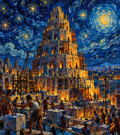 The Tower of Babel rising into the starry heavens