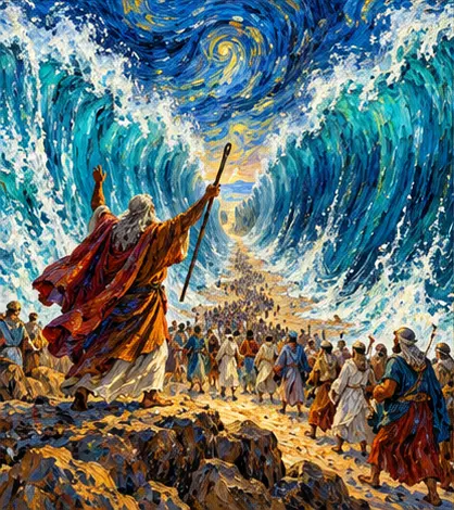 Moses parting the great walls of the Red Sea