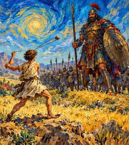 David confronting Goliath under a golden sky