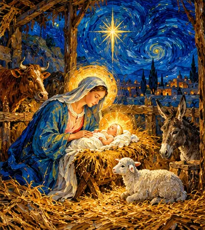 The Nativity in a radiant stable beneath Bethlehem's star