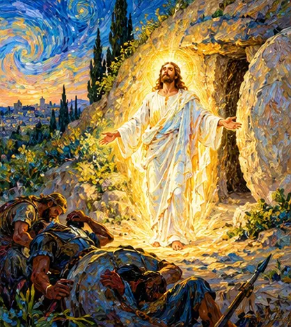 The Resurrection at the open tomb in golden sunlight